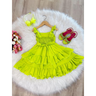 Vestido Infantil Verão Verde Neon Saia C/ Babado Casual