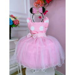 Vestido Infantil Rosa Bolinhas C/ Broche Strass Luxo