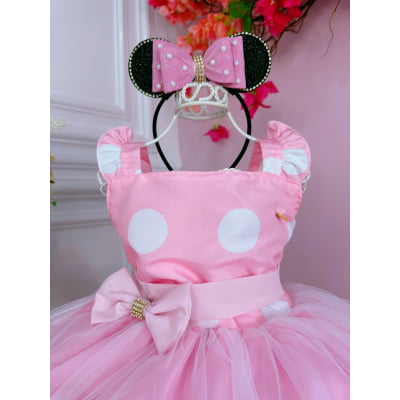 Vestido Infantil Rosa Bolinhas C/ Broche Strass Luxo