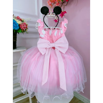 Vestido Infantil Rosa Bolinhas C/ Broche Strass Luxo