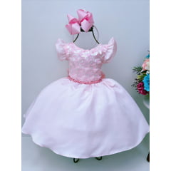 Vestido Infantil Rosa C/ Aplique de Borboletas Pérolas Luxo