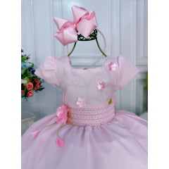 Vestido Infantil Rosa C/ Aplique de Flores e Broche Luxo