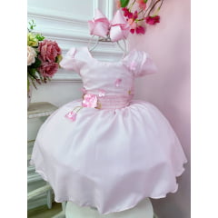 Vestido Infantil Rosa C/ Aplique de Flores e Broche Luxo