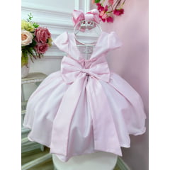 Vestido Infantil Rosa C/ Aplique de Flores e Broche Luxo