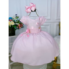 Vestido Infantil Rosa C/ Aplique de Flores e Broche Luxo