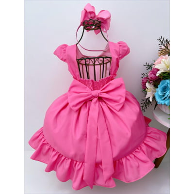 Vestido Infantil Rosa Chiclete C/ Broche de Flores Luxo
