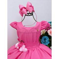 Vestido Infantil Rosa Chiclete C/ Broche de Flores Luxo