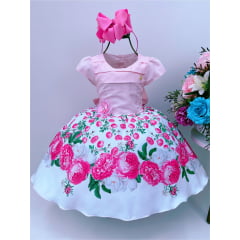 Vestido Infantil Rosa e Branco Florido Com Aplique de Flor