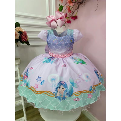 Vestido Infantil Rosa e Lilás Sereia Escamas e Cinto Pérolas