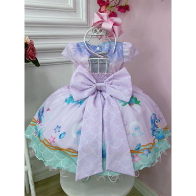 Vestido Infantil Rosa e Lilás Sereia Escamas e Cinto Pérolas