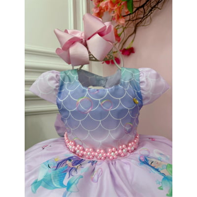 Vestido Infantil Rosa e Lilás Sereia Escamas e Cinto Pérolas