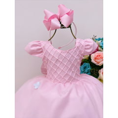 Vestido Infantil Rosa Peito Nervura Aplique Flor e Borboleta
