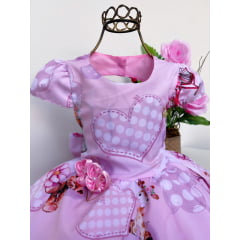 Vestido Infantil Rosa Princesas Corações e Bicicletas Flores