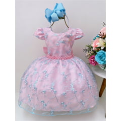 Vestido Infantil Rosa Renda de Flores Azuis Cinto Pérolas