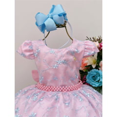 Vestido Infantil Rosa Renda de Flores Azuis Cinto Pérolas
