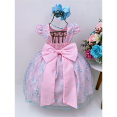 Vestido Infantil Rosa Renda de Flores Azuis Cinto Pérolas