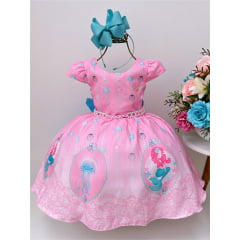 Vestido Infantil Rosa Sereia Fundo do Mar Com Cinto Pérolas