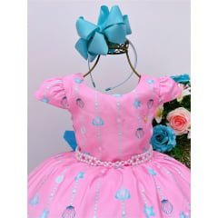 Vestido Infantil Rosa Sereia Fundo do Mar Com Cinto Pérolas