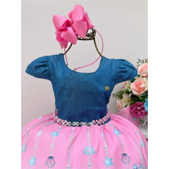 Vestido Infantil Rosa Sereia Peito Jeans Com Cinto Pérolas