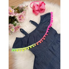 Vestido Infantil Trapézio Jeans Pompom