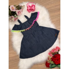 Vestido Infantil Trapézio Jeans Pompom