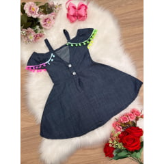 Vestido Infantil Trapézio Jeans Pompom