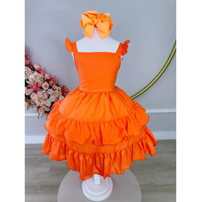 Vestido Infantil Verão Laranja Neon Saia C/ Babado Casual
