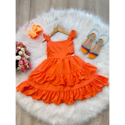 Vestido Infantil Verão Laranja Neon Saia C/ Babado Casual