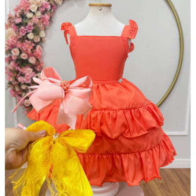 Vestido Infantil Laranja Neon + Tiara ou Laço sortidos