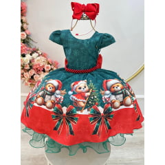 Vestido Infantil Verde Bandeira Ursinhos Festas Natal