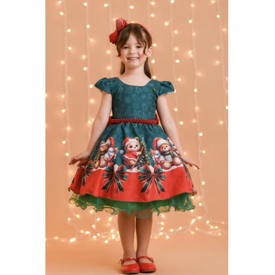 Vestido Infantil Verde Bandeira Ursinhos Festas Natal