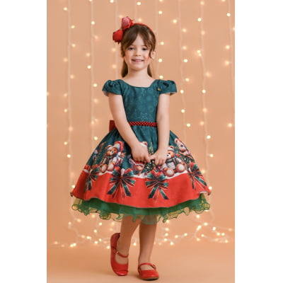 Vestido Infantil Verde Bandeira Ursinhos Festas Natal