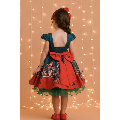 Vestido Infantil Verde Bandeira Ursinhos Festas Natal