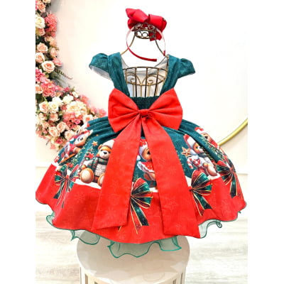 Vestido Infantil Verde Bandeira Ursinhos Festas Natal