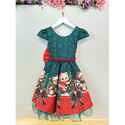 Vestido Infantil Verde Bandeira Ursinhos Festas Natal