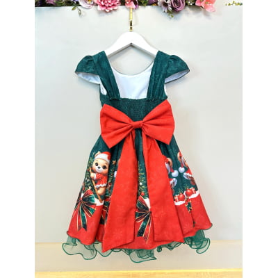 Vestido Infantil Verde Bandeira Ursinhos Festas Natal