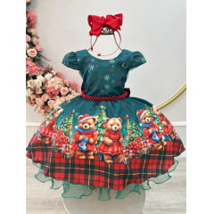 Vestido Infantil Verde Bandeira Ursinhos Natal Festas