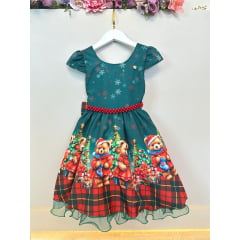 Vestido Infantil Verde Bandeira Ursinhos Natal Festas