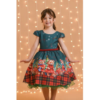 Vestido Infantil Verde Bandeira Ursinhos Natal Festas