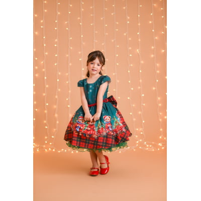 Vestido Infantil Verde Bandeira Ursinhos Natal Festas