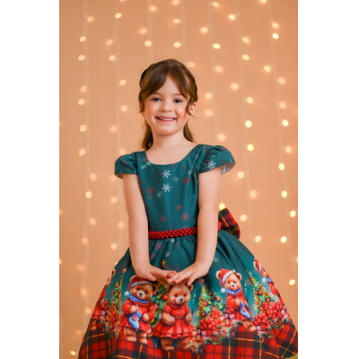 Vestido Infantil Verde Bandeira Ursinhos Natal Festas