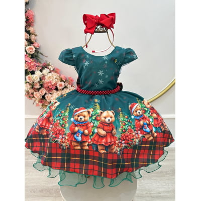 Vestido Infantil Verde Bandeira Ursinhos Natal Festas