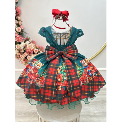 Vestido Infantil Verde Bandeira Ursinhos Natal Festas