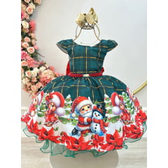 Vestido Infantil Verde Bandeira Xadrez Ursinhos Festas Natal
