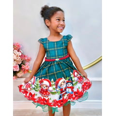 Vestido Infantil Verde Bandeira Xadrez Ursinhos Festas Natal