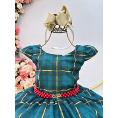 Vestido Infantil Verde Bandeira Xadrez Ursinhos Festas Natal