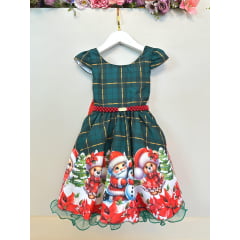 Vestido Infantil Verde Bandeira Xadrez Ursinhos Festas Natal