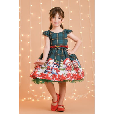Vestido Infantil Verde Bandeira Xadrez Ursinhos Festas Natal