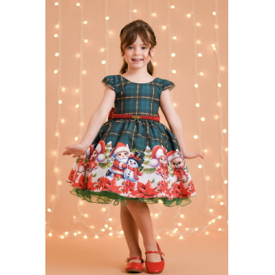 Vestido Infantil Verde Bandeira Xadrez Ursinhos Festas Natal