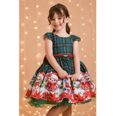 Vestido Infantil Verde Bandeira Xadrez Ursinhos Festas Natal